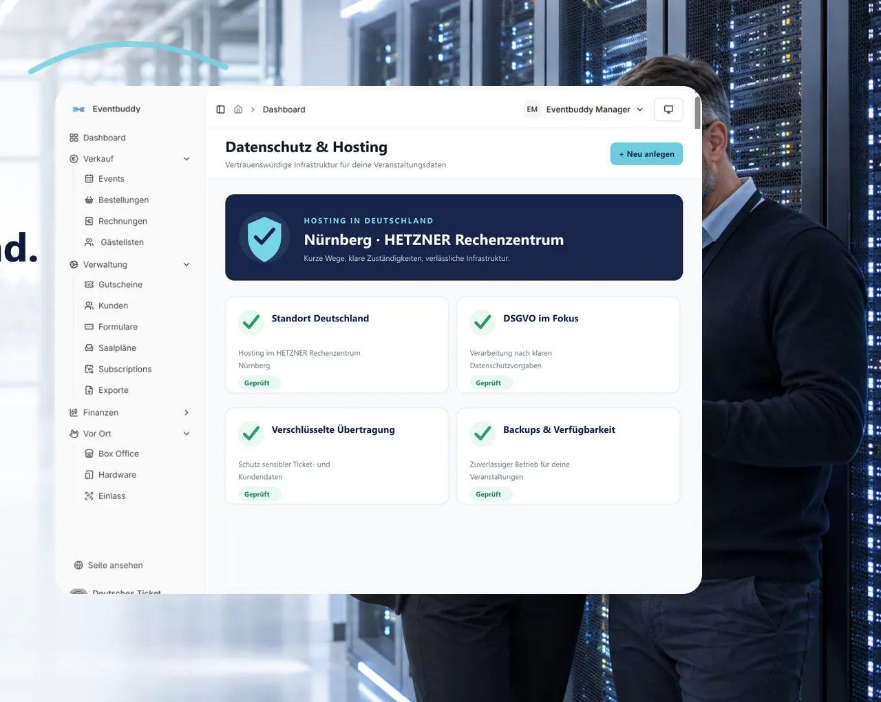 Eventbuddy Datenschutz & Hosting: Hetzner Rechenzentrum Nürnberg, DSGVO, verschlüsselte Übertragung, Backups