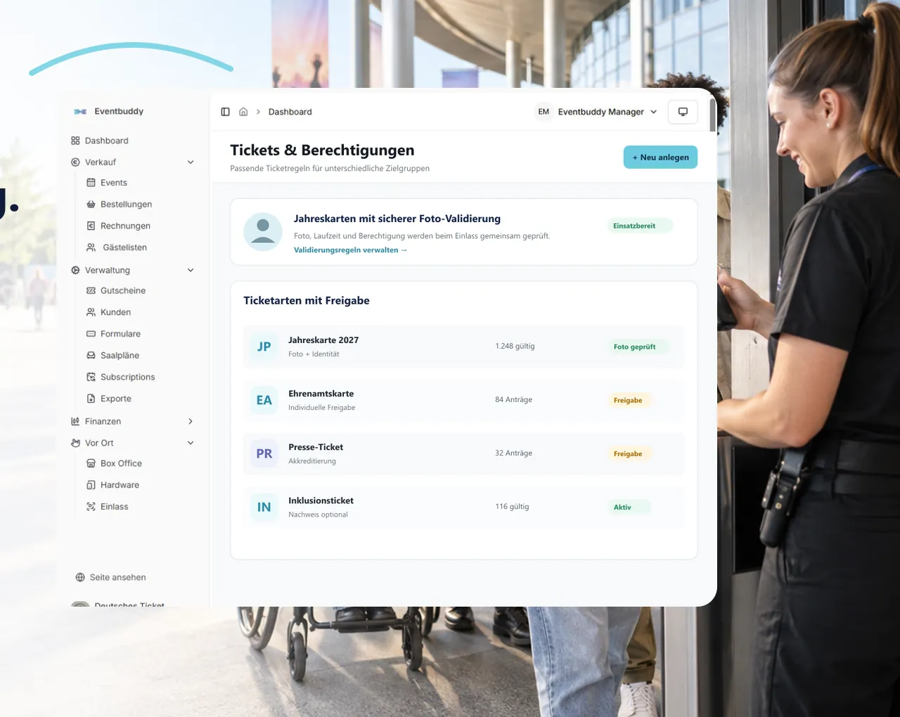 Eventbuddy Tickets & Berechtigungen: Jahreskarten mit Foto-Validierung und Ticketarten mit Freigabe